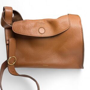 Cuyana "Double Loop Crossbody Bag" tan leather crossbody bag with gold hardware